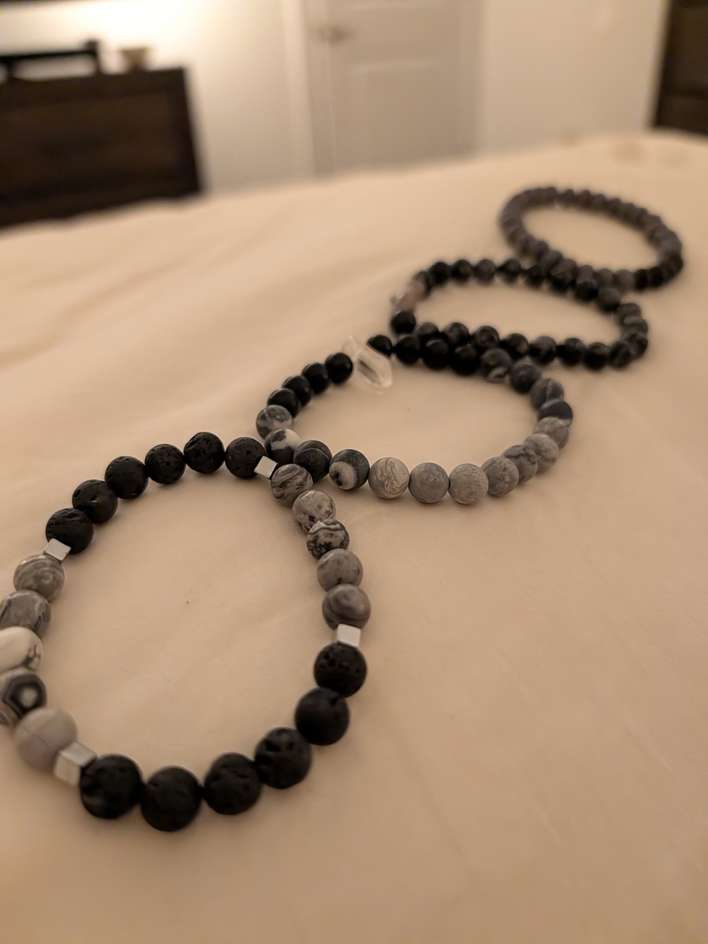 Beaded Stretch Bracelet Set Of 4 - Black & Gray Unisex Jewelry